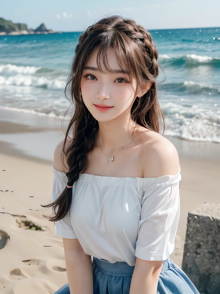 ((masterpiece: 1.3),8k, Realistic, RAW Photos, Highest quality: 1.4),Bust up photo、Coastal、Seaside、 (One Girl), beautiful顔, (Realistic Face), (Brown long hair: 1.3), bangs, Perfect dynamic composition,(High quality with attention to detail, Realistic depiction of eyes:1.3)、(((Blue off-shoulder T-shirt、Tulle miniskirt、Coastal、Braided Hair)))、 The whole is facing forward、21talent、beauty、Well-formed face、Even out the eyes、Banditium Build、Balanced ratio、beautiful足、Fresh face、beautiful景色、beautifulヘアスタイル, (bangs), (smile), smile, Realistic eyes, Gloss, highlight, highlight in the Eyes, eyelash, 目の中のbeautifulディテール, (Realistic Skin), Shooting from the air、beautiful肌, Transparency、(beautiful)、 smile, teeth, Confused, charm, 超High resolution, Ultra-realistic, High resolution, Golden Ratio, clear eyes, Wet, Looking into the camera, ear, Shine, Long neck, double eyelid, Thin eyebrows、Big eyes, cheek, kind character, charm personality, kind, 圧倒的なcharm, bright personality、Long distance photography