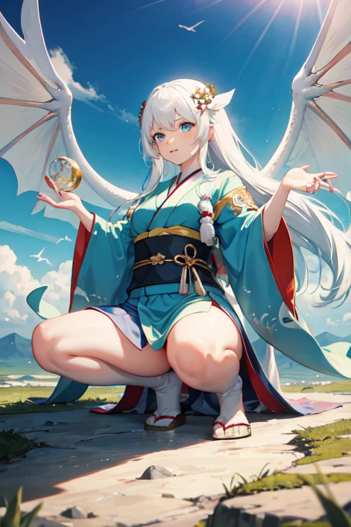 A woman on top of a mountain flying she has green celestial robes, with white hair, blue eyes, with a biwa in your hands, and on its back a white Japanese dragon, the blue sky.