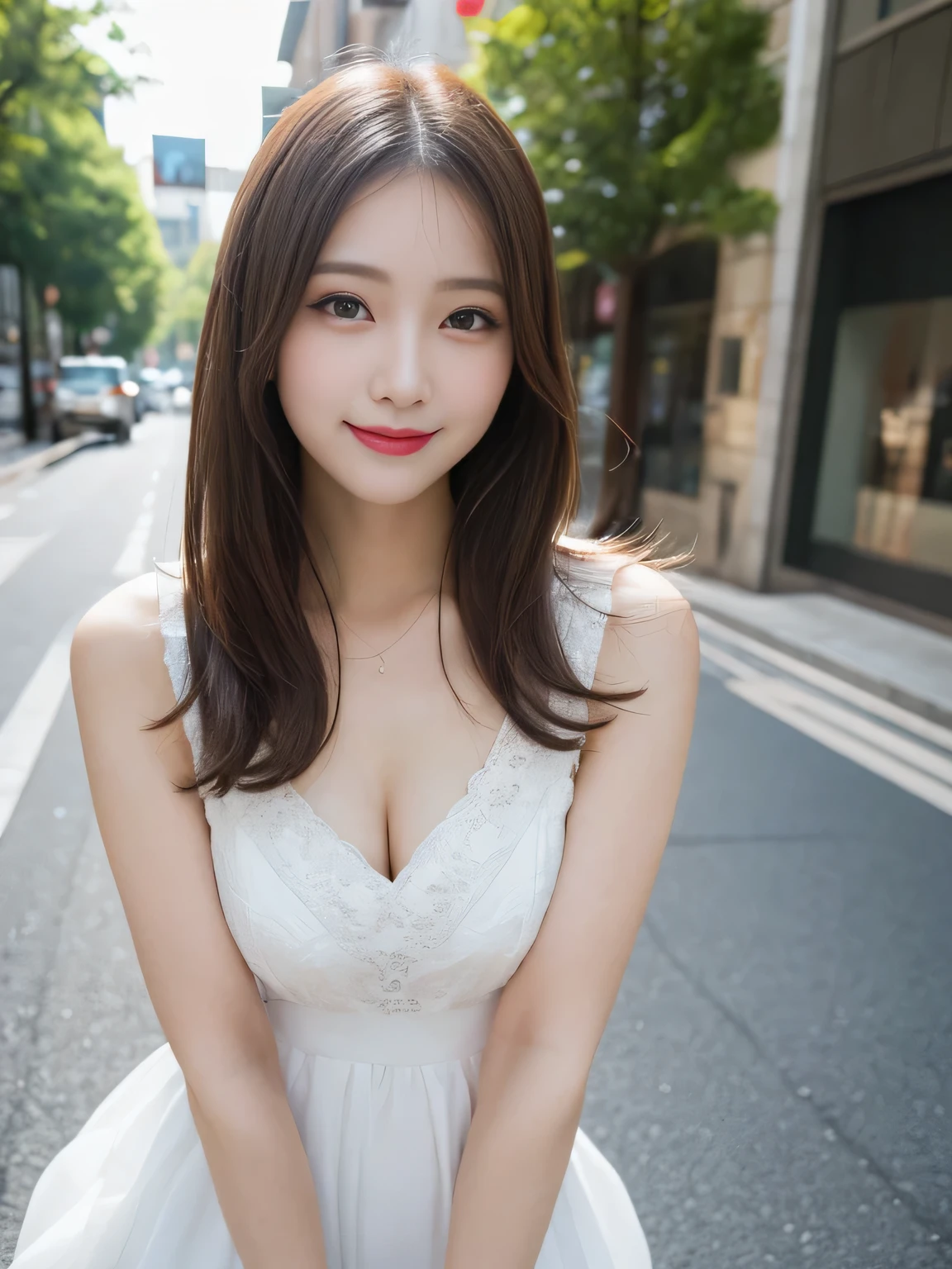 Tabletop, highest quality, figure, Super detailed, In detail, High resolution, 8k wallpaper, Perfect dynamic composition, Beautiful fine details, white cuty dress, Medium brown Hair, Center of chest, Natural color lip, Random sexy poses, smile, Aoyama Street Walk, random body orientation,
