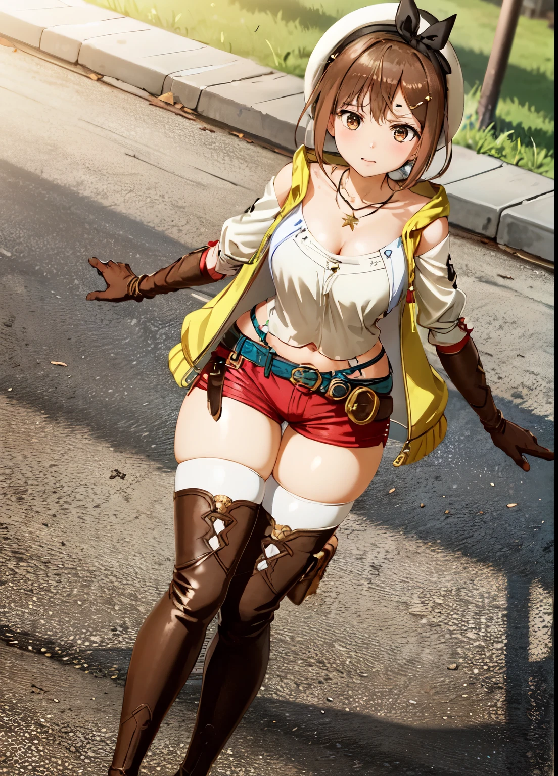 Liza, One girl, alone, Shorts, gloves, belt, Have, Head Ribbon, jewelry, red Shorts, Brown Hair, Knee socks, short Shorts, Bridal Legwear, necklace, Brown eyes, 片手gloves, hair ornaments, Hair Clip, star necklace, Closed-toe footwear, leather, star (symbol), White Hat, brown gloves, boots, short hair, Thighs, leather belt, brown belt, leather gloves, Jacket, blue belt, belly button, thigh boots, sleeveless Jacket, Thighsポーチ, white Knee socks, clavicle, Brown footwear, Cleavage, Large Breasts, Are standing, Outdoor