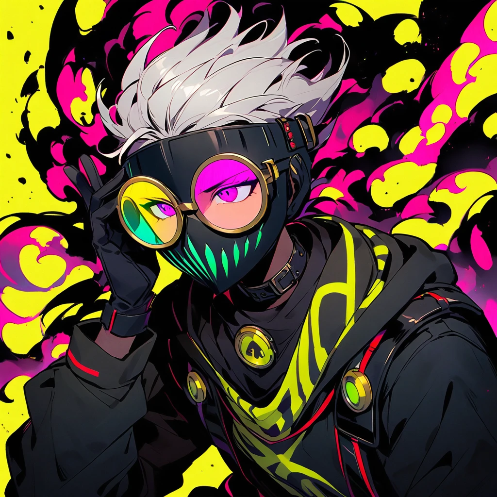 (well done: 1) man, shoulder length white hair with a black streak, pink eyes, circular lens glasses with light green lenses, The mask is predominantly black. There are metallic spikes coming out of the front of the mask.  The two side filters are highlighted with a bright yellow background and a black biohazard symbol.  The straps appear to be adjustable to ensure the mask stays securely on your face, black choker, black hooded sweatshirt, black gloves, black pants, black boots.