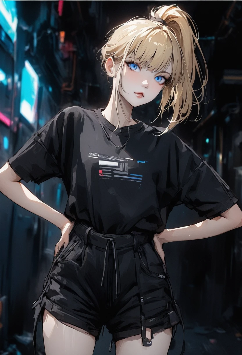 Posing for a photo. Young girl with blond hair and a ponytail. Blue eyes. Cyberpunk. Black casual short-sleeved shirt. Wearing a pair of loose shorts. High quality masterpiece. Hands behind her back.