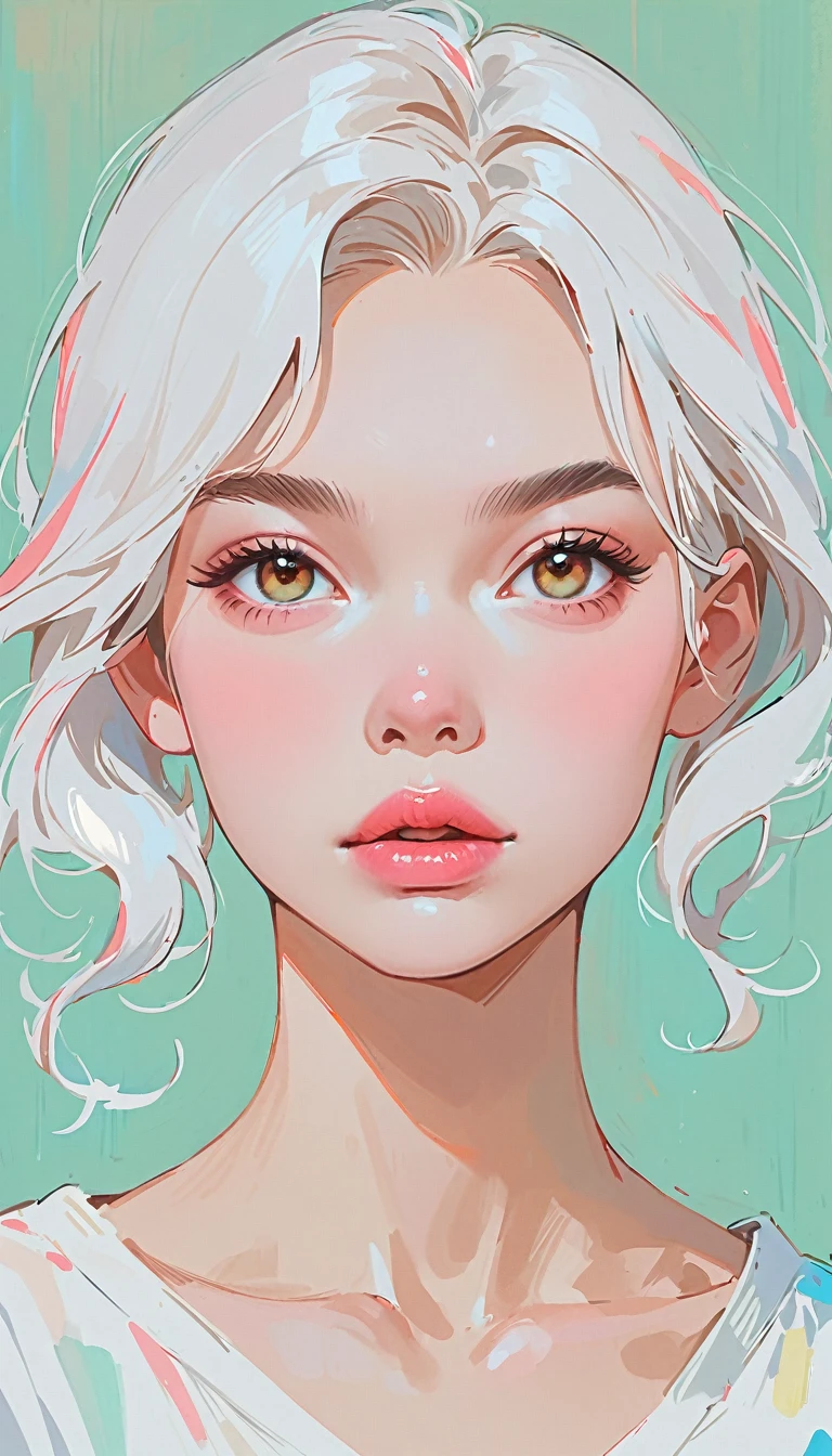 (masterpiece、best quality: 1.2)、1 girl、、Anime style、White hair、Pink lips、E wave hair、whole body，Standing，In the style of a leading portrait painter、Light blue background。