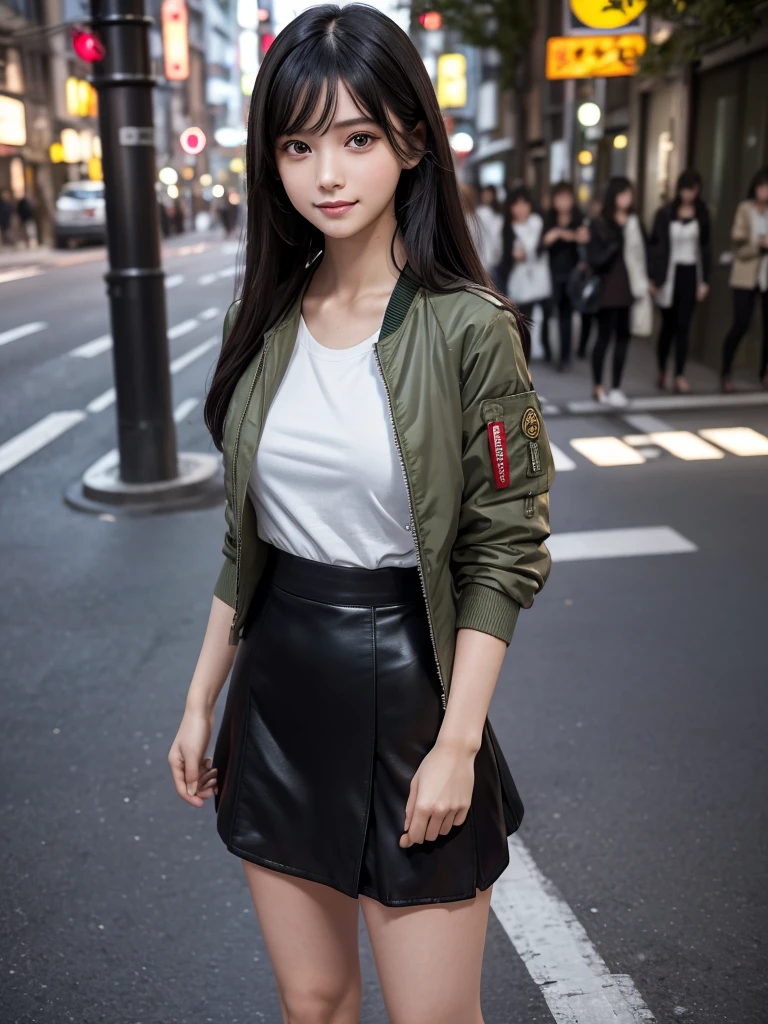 (8k, RAW Photos, Highest quality, masterpiece:1.2), (Realistic, photo-Realistic:1.4), (Highly detailed 8K wallpapers), ((Full Body Shot)), (1 girl), Sharp focus, Depth of written boundary, Cinematic lighting, Soft Light, 緻密な美しさのeye, eye_Chan, Very beautiful 17 year old girl, innocent big eyes, Realistic, photo Realistic, Highly detailed cute girl, (Thin thighs), (Model body type), 18-year-old, ((Khaki flight jacket)), (T-Shirts), (Black color micro mini tight skirt), (((Fold your arms in front of your chest and act arrogantly))), ((A happy smile)), Parted lips, Watching the audience, (On the streets of Tokyo) , (Black Hair),（Semi-long hair)