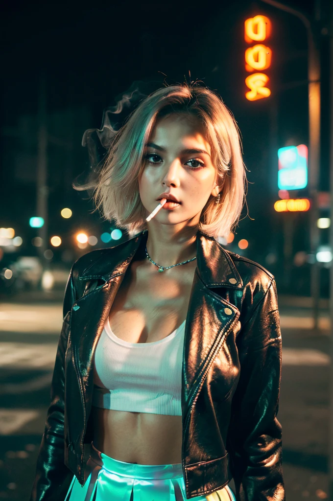 (Best Quality, Masterpiece, Ultra High Definition, High resolution, highly detailed, High Definition Face:1.5), (20-year-old woman, full body photo:1.3), 1 beautiful woman, (Beautiful woman with a cigarette in her mouth, Smoke is coming out of the cigarette:1.5), (beautiful woman wearing Beautiful woman wearing a leather jacket, neon color fashion:1.3), (beautiful eyes, light in the eyes, eyes are in focus), white skin, Glossy, shiny skin, very Fair skin, (film photography style, photo with strong shadows, Background neon light, City of night, cyber punk:1.2), Poker face, violently fluttering hair, random hair styles, random hair color, Slim Big Breasts, cleavage, short skirt, sexy