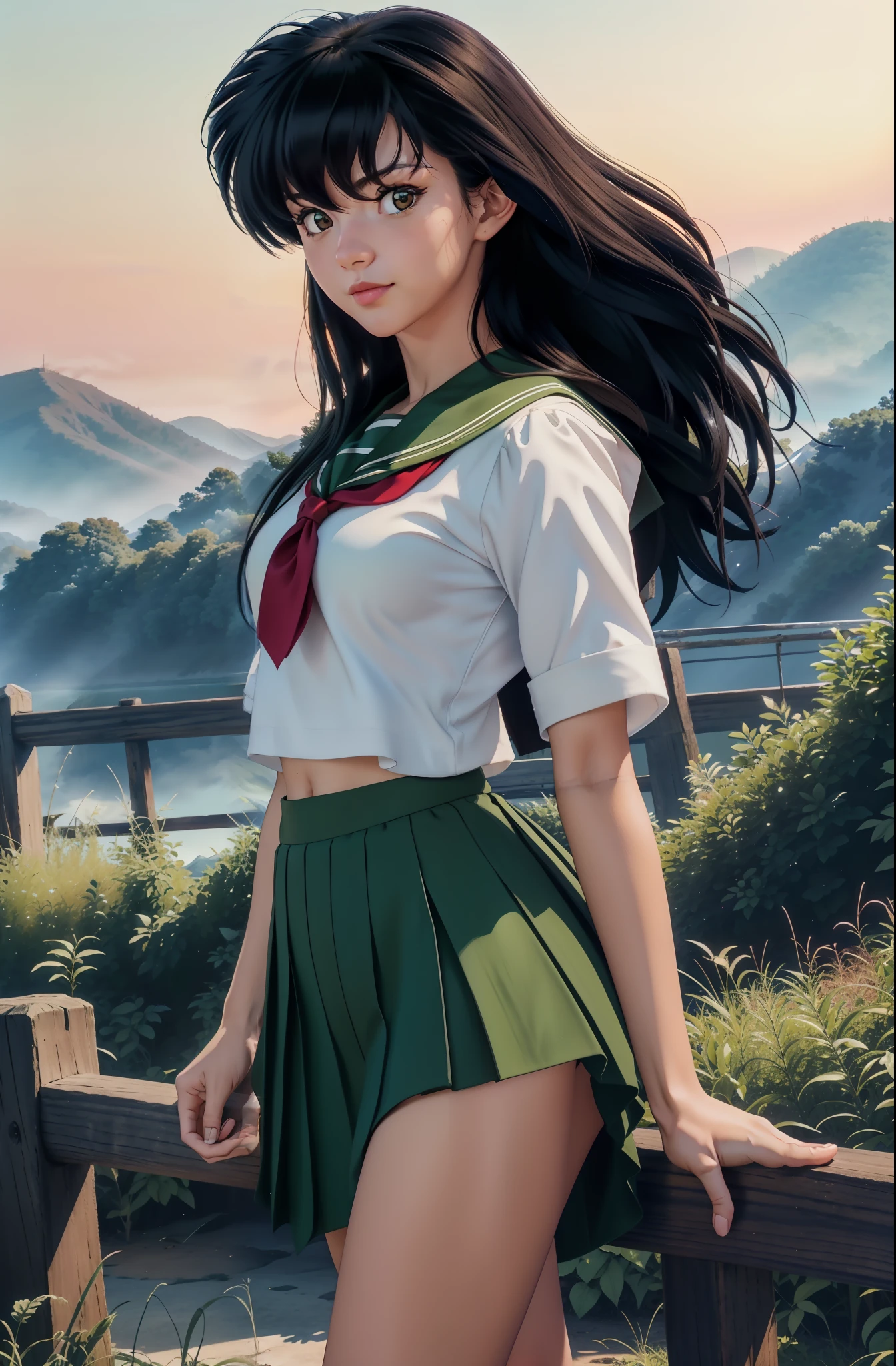 (masterpiece, best quality, ultra detailed, absurdres)1.5, 1girl, (sexy, beautiful woman, perfect face, perfect eyes, perfect female body, huge breasts)1.5, (kagomeiy, higurashi kagome, school uniform, white sailor shirt, green sailor collar, red neckerchief, green pleated skirt, white socks, loafers, long hair, black hair, spiked hair, hair between eyes, wide bangs, <lora:kagome:0.9>), (sitting on a log, inside a Japanese forest), perfect lighting, smooth, hdr