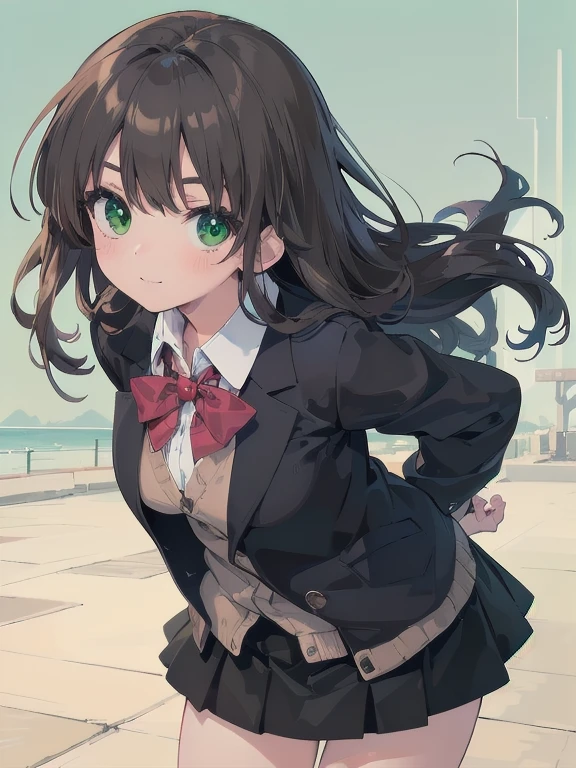 ((Tabletop, Highest quality, High resolution, Hmph, Pixel perfect, Depth of written boundary, 4K, Hmph, Hmph))), One Girl, single, alone, Beautiful Anime Girls, Beautiful art style, Anime characters, ((Long Hair, bangs, Dark brown hair, Curly Hair:0.8)), ((Green Eyes:1.4, Detailed eyes, Beautiful Eyes, Perfect Eyes,Curled eyelashes, Realistic eyes)), ((Detailed face, blush:1.2)), ((Smooth texture:0.75, Realistic texture:0.5, Anime CG style)), Medium chest, Dynamic Angle, Big Breasts, Perfect body, Dynamic pose, ((Red bow tie, , Black jacket, Open jacket, Brown cardigan, White shirt, Black Skirt, Checked skirt)), smile, Open your mouth, Put your arms behind your back, Leaning forward, Amalment Park, ((close, throw, cute, Shoot in the face))