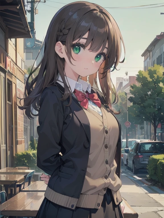 ((Tabletop, Highest quality, High resolution, Hmph, Pixel perfect, Depth of written boundary, 4K, Hmph, Hmph))), One Girl, single, alone, Beautiful Anime Girls, Beautiful art style, Anime characters, ((Long Hair, bangs, Dark brown hair, Curly Hair:0.8)), ((Green Eyes:1.4, Detailed eyes, Beautiful Eyes, Perfect Eyes,Curled eyelashes, Realistic eyes)), ((Detailed face, blush:1.2)), ((Smooth texture:0.75, Realistic texture:0.5, Anime CG style)), Medium chest, Dynamic Angle, Big Breasts, Perfect body, Dynamic pose, ((Red bow tie, , Black jacket, Open jacket, Brown cardigan, White shirt, Black Skirt, Checked skirt)), smile, Open your mouth, Put your arms behind your back, Leaning forward, Amalment Park, ((close, throw, cute, Shoot in the face))