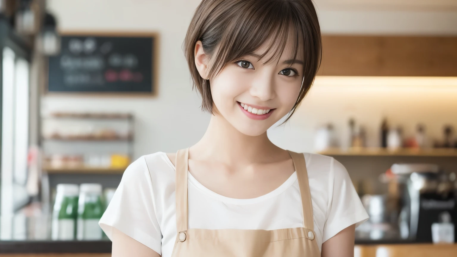 super high quality, smile, Slenderのネックレス, Slender, The staff is working at the counter in the back., (8k、RAW Photos、Highest quality、masterpiece:1.2), Japanese Idol, Stylish café, (Realistic、Photorealistic:1.37), Mesh Hair, Urban Cafe, Golden Ratio, Raw photo, Cute face , Light Brown Hair, Small breasts, Bright cafe interior, Blurred Background, Summer clothes, Cafe Terrace, Open Cafe, Photographed inside the cafe, Hair blowing in the wind, ponytail, boyish, T-Shirts, Very Short Hair, 18-year-old, 
