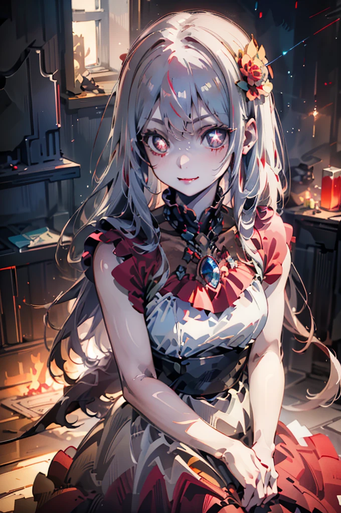(very delicate, Masterpiece, Excellent lighting and shadows, HD wallpaper 8K), woman, devil, white skin, plump lips, red lips, With pointed fangs., white hair, red left eye, right eye black, wear red dress, French dress, amidst the flames, alone, stand, warm tone, Sparkling eyes