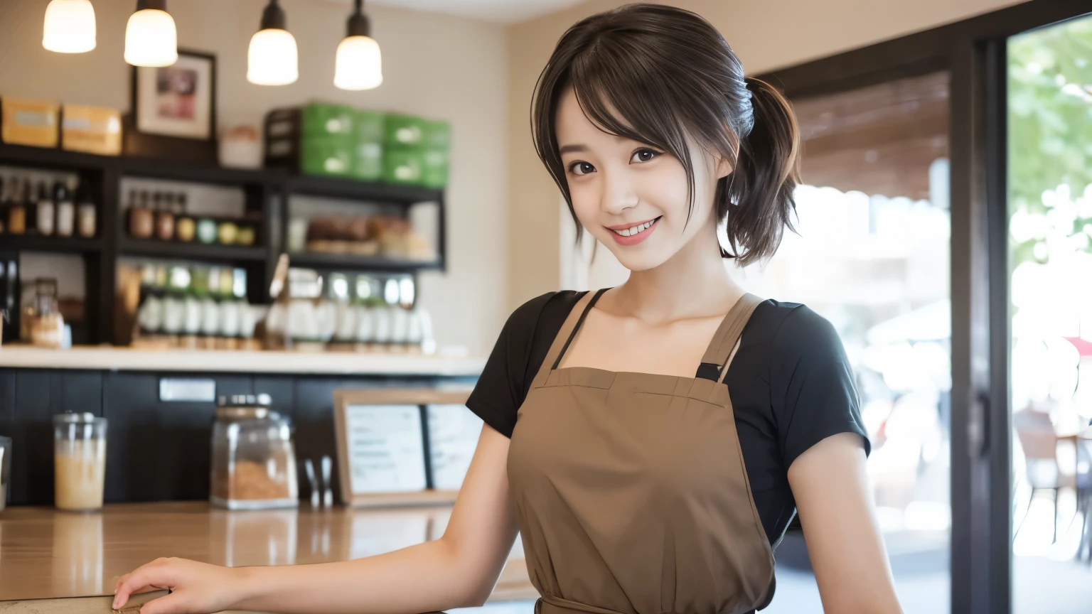 super high quality, smile, Slenderのネックレス, Slender, The staff is working at the counter in the back., (8k、RAW Photos、Highest quality、masterpiece:1.2), Japanese Idol, Stylish café, (Realistic、Photorealistic:1.37), Mesh Hair, Urban Cafe, Golden Ratio, Raw photo, Cute face , Light Brown Hair, Small breasts, Bright cafe interior, Blurred Background, Summer clothes, Cafe Terrace, Open Cafe, Photographed inside the cafe, Hair blowing in the wind, ponytail, boyish, T-Shirts, Very Short Hair, 18-year-old, 
