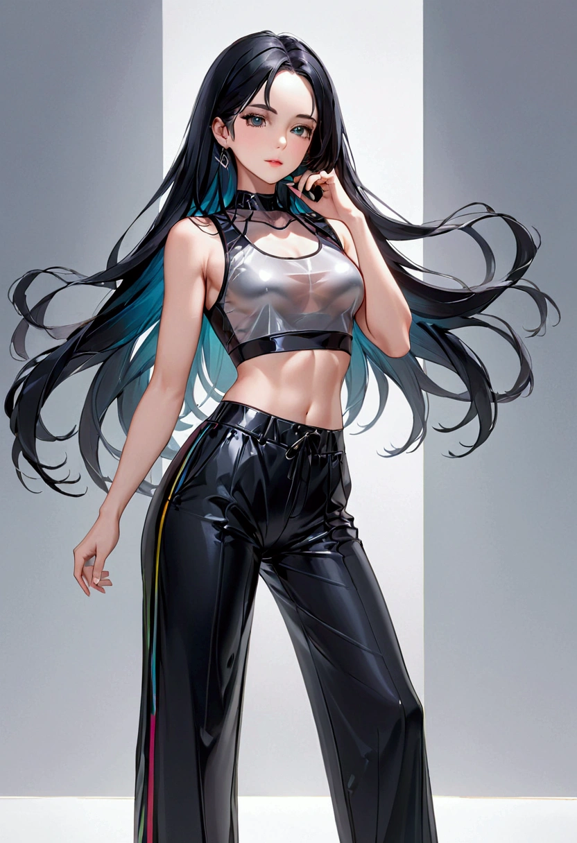 Mature Girl with long black hair with silver highlight, dark onyx eyes,tall rectangular body figure,crop top and pants