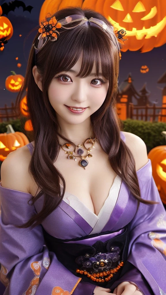 (upper body photo,a 26 year old japanese girl, detailed face, beautiful detailed eyes, detailed dropped eyes,beautiful charming smile, extremely detailed face, cute:2.0), (anime style,halloween party:2.0), colorful lights, pumpkin decorations, haunted house, fog, spooky atmosphere, (best quality, 4k, highres, masterpiece:1.2), realistic, photorealistic, photo-realistic, vivid colors, intricate details, fantasy, soft lighting, magical