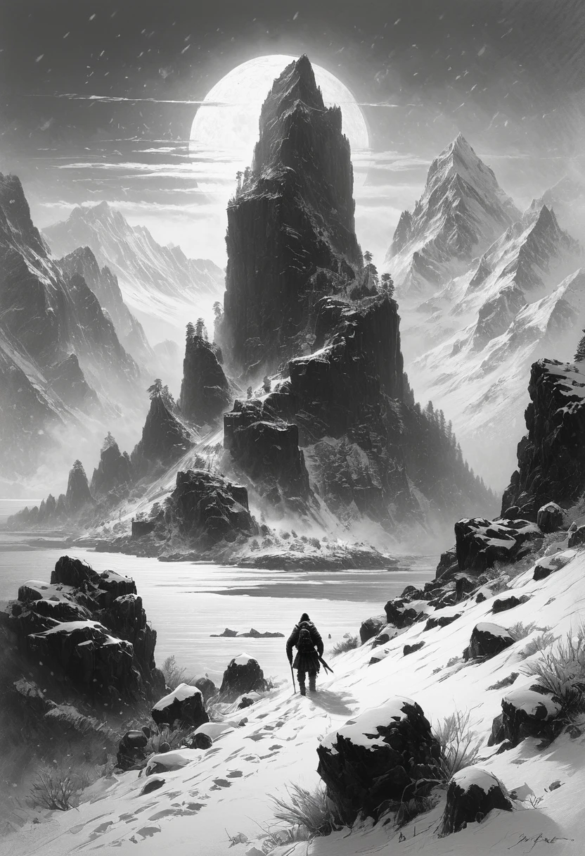 Black and white art, Pencil Sketch Drawing,black pencil shading, charcoal drawing, tinted paper, pencil drawing, 
A captivating ASCII concept art by Ismail Inceoglu, depicting the iconic Skull Island in the midst of a snowstorm. The island showcases its signature skull shape, with snow-capped mountains and icy waters surrounding it. Various creatures, including a massive snow-covered dinosaur, can be seen on the island. The overall atmosphere evokes a sense of adventure, danger, and awe.