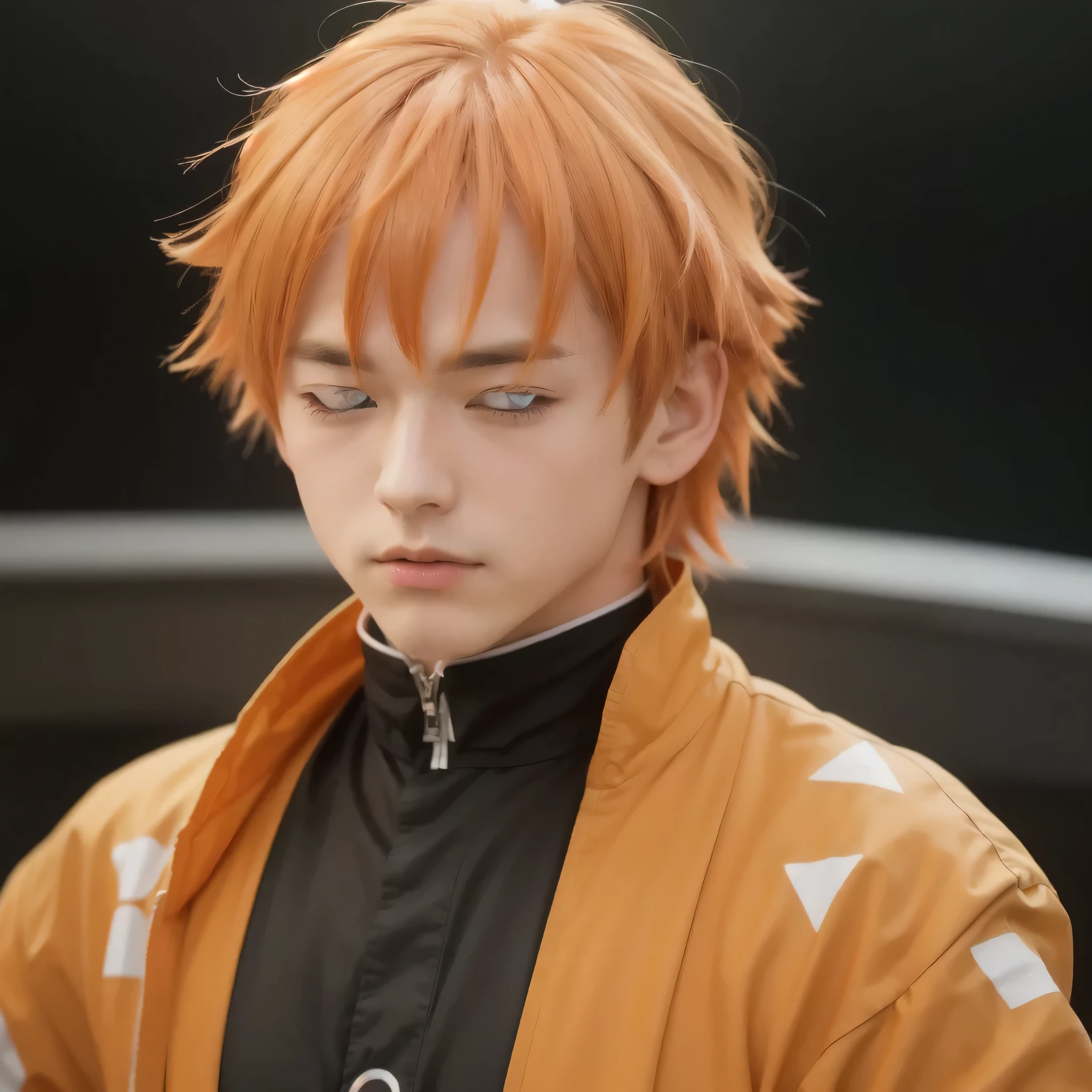 anime boy with orange eyes, anime - style photo of a young man with orange hair and a brown jacket, orange - haired anime boy, orange pupil eyes, hyper realistic anime, zenitsu agatsuma demon slayer artstyle, handsome guy in demon slayer art, badass anime 8 k, key anime art, zenitsu agatsuma, anime styled digital art, realistic character, realistic style 4 k, badass realistic 8 k, clean detailed realistic art