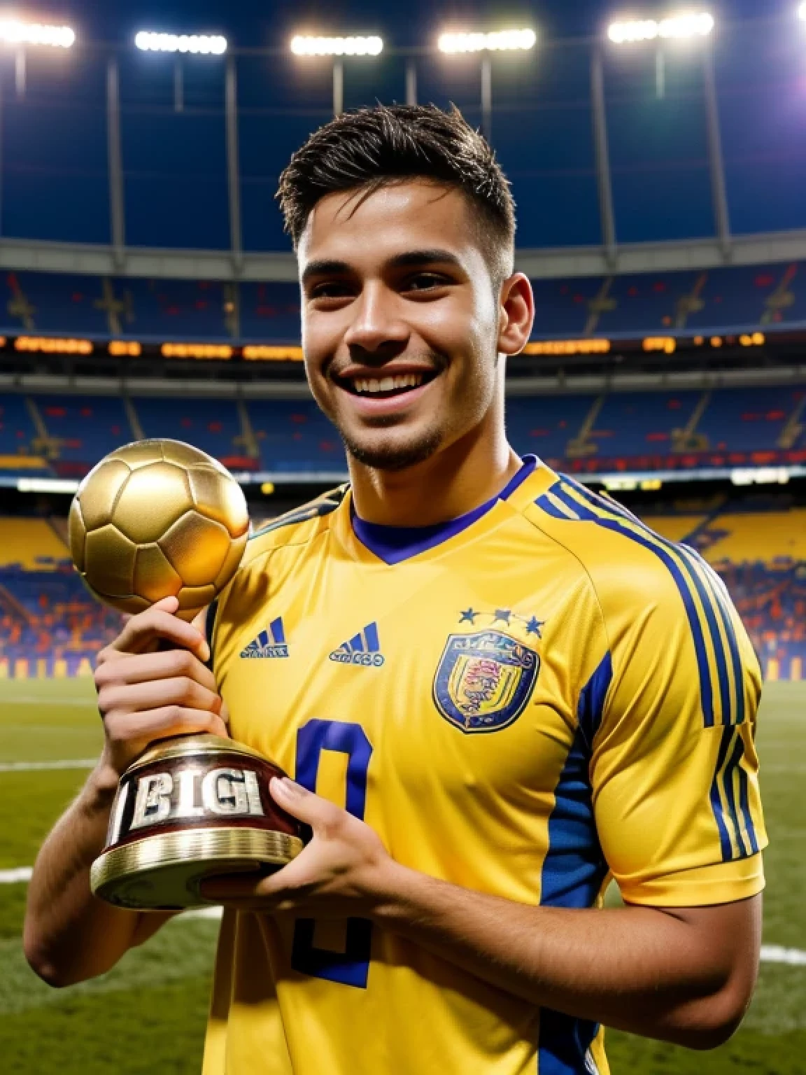 football player of Ecuadorian appearance, rejoices at winning a football match, holding a winning football cup in his hands, wearing a yellow T-shirt
