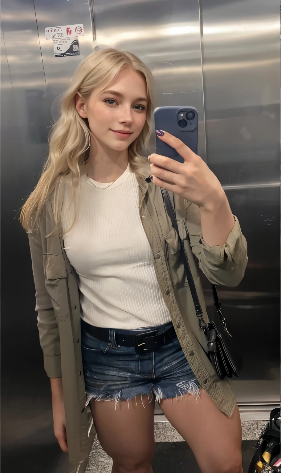 a one woman, americana, age 25, pale skin and freckles, grey-eyed, delicate nose, soft and delicate lips, distant, distant, wavy, waist-length blonde hair, Sweet smile, face with delicate feminine facial features, Highly Rendering, golden bracelet, corpo proporcional 
