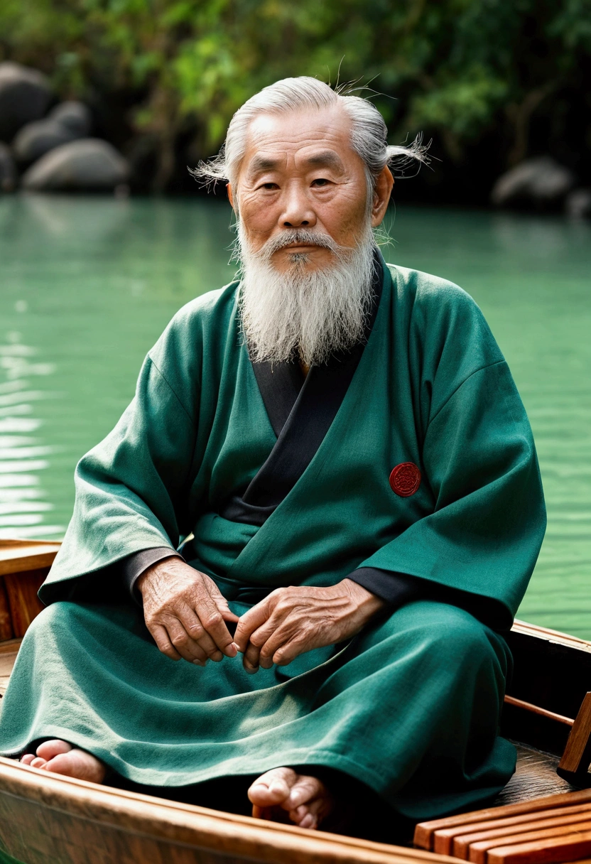 Chinese elderly，Full of wisdom，grizzled hair and beard，Deep field of view，Full body front view，Sitting cross-legged on a small wooden boat，Green water behind，Bright Light，Ultra-clear，8K,Gray robe，close-up imagery