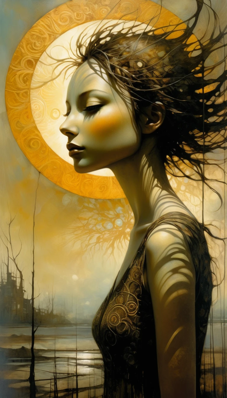 beautiful sun on a bright day, oil painting with intricate details, Surreal and dreamy atmosphere, Atmospheric and moody lighting, Muted color palette, Inspired by the art of Dave Mckean, Cinematic and visually striking, ethereal and mysterious quality, Detailed textures and brush strokes, Dramatic Shadows and Highlights, A feeling of mystery and wonder
