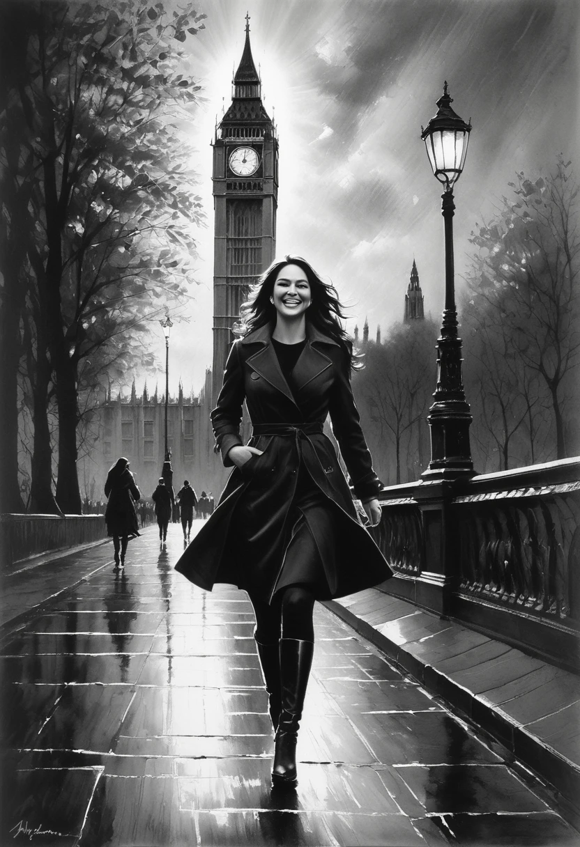 Black and white art, Pencil Sketch Drawing, black pencil shading, charcoal drawing, tinted paper, pencil drawing, brutal dark b/w color scheme, 
This conceptual oil painting captures a radiant woman's smile brimming with joy and warmth, her face illuminated by the glow of a sunlit park. The background features the iconic silhouette of Big Ben, hinting at London's bustling streets. The composition is rendered on silked cardboard using a palette knife, with bold strokes and textured brushwork creating depth and dimension. Vivid colors pop against the rain-soaked ground below, inviting viewers to share in the woman's moment of delight as she strolls through the urban landscape, offering a fleeting yet timeless glimpse of beauty., conceptual art, painting