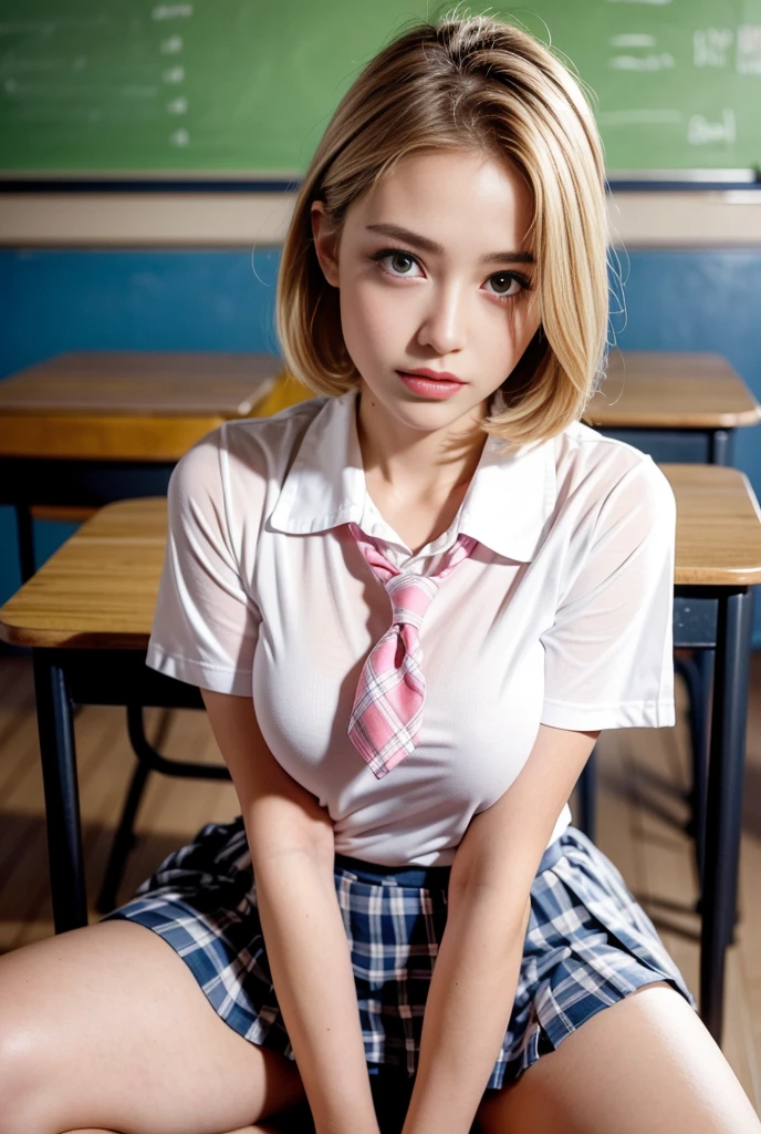 after raped,nipples,asia girl,japanese girl,(Showing panties:1.5),(blonde hair),(Blonde girl)(Blonde color),(tan skin:1.2)(taned skin),black eye,highschool girl,(highschool uniforms)、white Short sleeve,open clothes,(check skirt),(white panty), (mega breast),(huge breasts),(bob hair),(short hair:1.6),(micro-good),most micro size bra,Pink checked bra,,cute pattern pink bra,classroom, ,(Glaring),glower,get angry(Angry),(micro-bra1.5),(most micro size bra1.5),(Pink checked bra1.5),,cute pattern pink bra,classroom,(semen on his forehead, face and chest:1.5),(emphasize cleavage),(semen on forehead),(semen on your face)(a lot of semen),Crouching cowgirl,photograpy,,prostitute,beautiful skin ,looking here, your chest with your hands,put your hand between your legs,upper body,(glaring at the viewer1.3), ((masterpiece)), ((Highest quality)), (Very detailed), (Multi-point), , (device), ((Very detailed)), 4K, (8k), Highest quality , shape, ,hyper Genuineistic, Genuine, , Thick outline, Clear contours, at classroom, (1 girl), (Schoolgirl uniform :1.5),