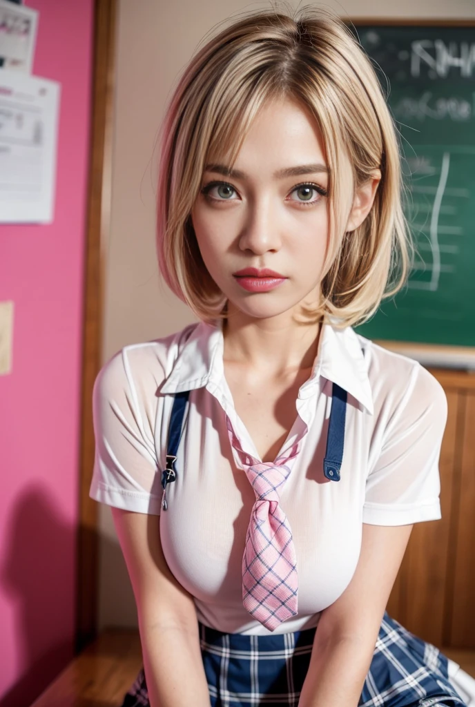 after raped,nipples,asia girl,japanese girl,（Showing panties:1.5),（blonde hair）,（Blonde girl）（Blonde color）,（tan skin:1.2）（taned skin）,black eye,highschool girl,（highschool uniforms）、school tie,open clothes,（check skirt）,（white panty）, （mega breast）,（huge breasts）,（bob hair:1.6）,（short hair:1.6）,（micro-bra）,（）most micro size bra）,（Pink checked bra）,,（cute pattern pink bra）,,（Glaring）,glower,get angry（Angry）,（micro-bra1.5）,（most micro size bra1.5）,（Pink checked bra1.5）,,cute pattern pink bra,classroom,（semen on his forehead, face and chest:1.5）,（emphasize cleavage）,（semen on forehead）,（semen on your face）（a lot of semen）,Crouching cowgirl,photograpy,,prostitute,beautiful skin ,looking here, your chest with your hands,put your hand between your legs,upper body,（glaring at the viewer1.3）, ((masterpiece)), ((Highest quality)), (Very detailed), (Multi-point), , (device), ((Very detailed)), 4K, (8k), Highest quality , shape, ,hyper Genuineistic, Genuine, , Thick outline, Clear contours, at pool, (1 girl), (Schoolgirl uniform :1.5),