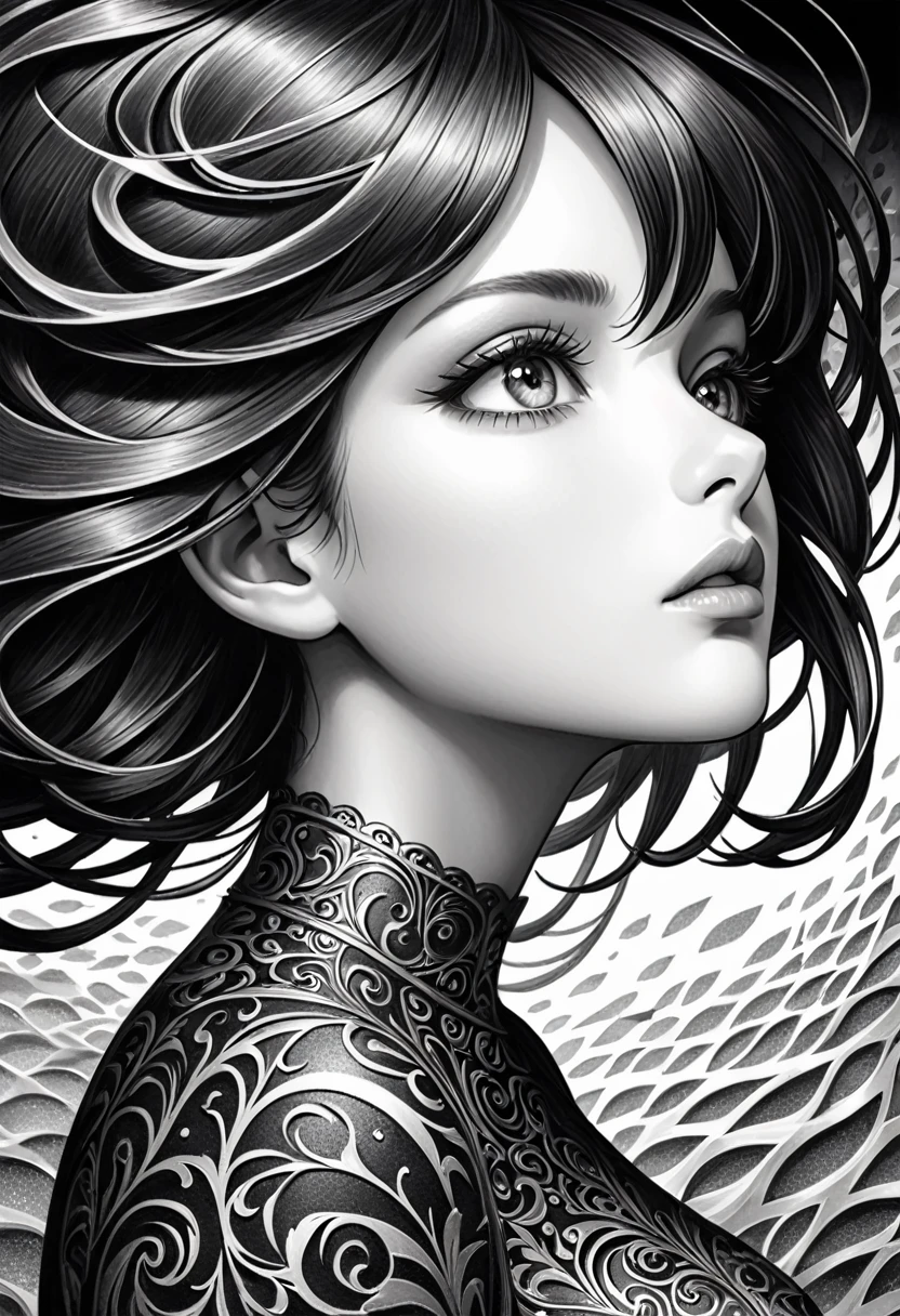 black pencil art, iron sand, magnets, mysterious patterns, beautiful woman gazing curiously, 2.5D, delicate and dynamic, shading effects, contrast magic