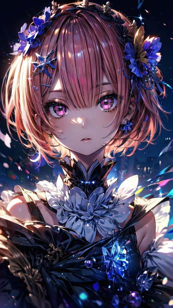 (Highest quality),(masterpiece), 8k,Very detailed, Detailed light, Best Shadow,Detailed reflective eyes, Beautiful Eyes, Very detailedな顔,Shiny Hair,One person,Gloss,semi-long,Pink Hair,Pink Eyes,enchanting,Expressionless,Quiet anger,full moon,hair ornaments,whole body,front,Re:Zero,ram,Ram,fan,darkness,face is dirty for painting,Dynamic Angle,