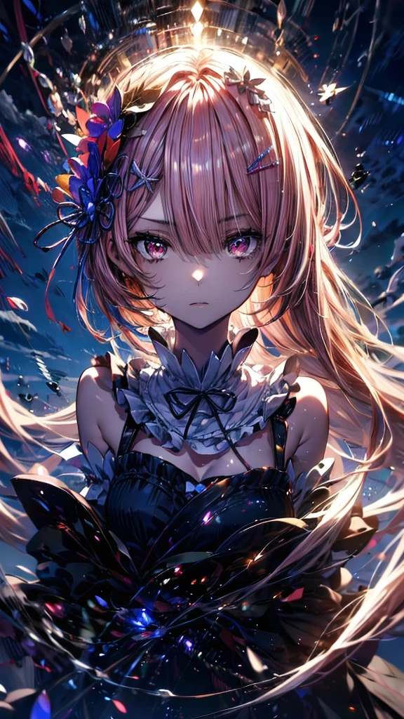 (Highest quality),(masterpiece), 8k,Very detailed, Detailed light, Best Shadow,Detailed reflective eyes, Beautiful Eyes, Very detailedな顔,Shiny Hair,One person,Gloss,semi-long,Pink Hair,Pink Eyes,enchanting,Expressionless,Quiet anger,full moon,hair ornaments,whole body,front,Re:Zero,ram,Ram,fan,darkness,face is dirty for painting,Dynamic Angle,