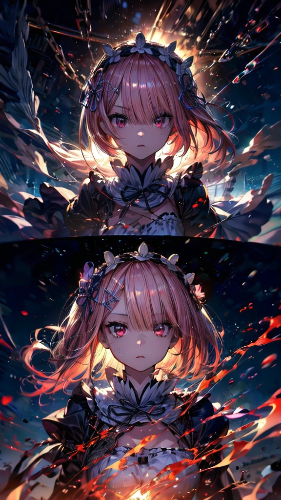 (Highest quality),(masterpiece), 8k,Very detailed, Detailed light, Best Shadow,Detailed reflective eyes, Beautiful Eyes, Very detailedな顔,Shiny Hair,One person,Gloss,semi-long,Pink Hair,Pink Eyes,enchanting,Expressionless,Quiet anger,full moon,hair ornaments,whole body,front,Re:Zero,ram,Ram,fan,darkness,face is dirty for painting,Dynamic Angle,