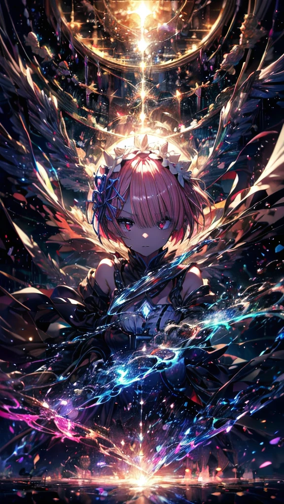 (Highest quality),(masterpiece), 8k,Very detailed, Detailed light, Best Shadow,Detailed reflective eyes, Beautiful Eyes, Very detailedな顔,Shiny Hair,One person,Gloss,semi-long,Pink Hair,Pink Eyes,enchanting,Expressionless,Quiet anger,full moon,hair ornaments,whole body,front,Re:Zero,ram,Ram,fan,darkness,face is dirty for painting,Dynamic Angle,