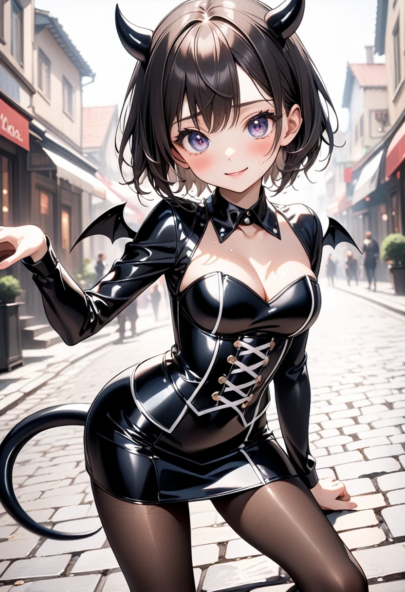 (((little devil costume), (black Devil wings), (black devil tail), (latex skirt), (pantyhose), corset costume)), skinny, solo, 1 woman, Masterpiece, highest quality, highest quality, 16K, incredibly absurd, highly detailed, 2.5D, ai-generated, delicate and dynamic, very delicate facial expressions, delicate eye depiction, erotic, only sexy woman, ((A cute and kind face)), healthy figure, ((25-year-old woman)), 160cm tall, medium firm swaying bust,, blush, Sweat,Embarrassed,sexy, ((thin thighs)), (Erect nipples,:0.5), shiny and lustrous, facing straight at viewer, smile, ((Oily_skin)), ((dutch angle)), ((erotic pose)), Dynamic poses,On the bright cobblestones, (Close-up),