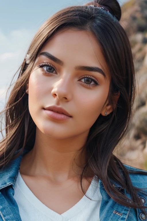 a beautiful girl who's age 25 stands near hill, wear swaeter, for cold vapour was realsed from her mouth, detailed skin, ultra realism,