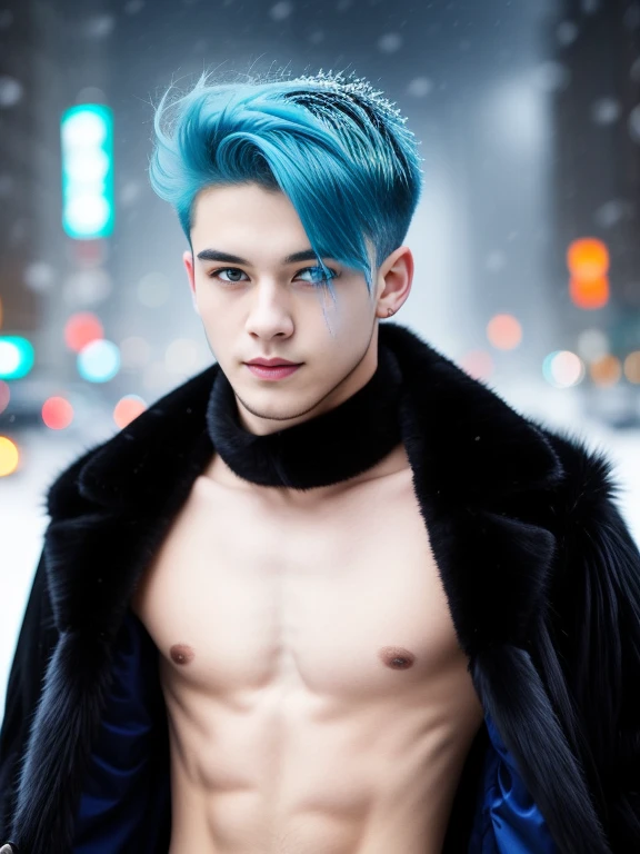 Young man, 20s, blue hair, two-block haircut, shirtless, wearing a black fur coat, reality photo, reality skin, detailed skin, bright light eyes, Biomechanical, mysterious, Scary, nightmarish, Colors very bright, New Yourk city snowing, heavy snowfall