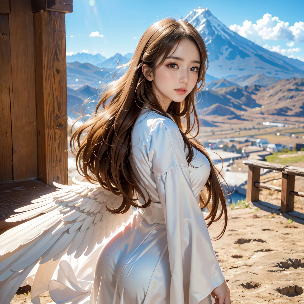 ((masterpiece, top quality, high res, perfect pixels, 8k)), western temple background, one girl, Japanese, idol, cowboy shot, ((spread arms)), ((very long hair, blonde)), huge angel wings on her back, pure white Greek mythology clothes, singing singing, ((brown eyes, beautiful eyelashes, realistic eyes)), ((detailed face, blush: 1.2)), ((smooth texture: 0.75, realistic texture: 0.65, dynamic angles, perfect body, looking back