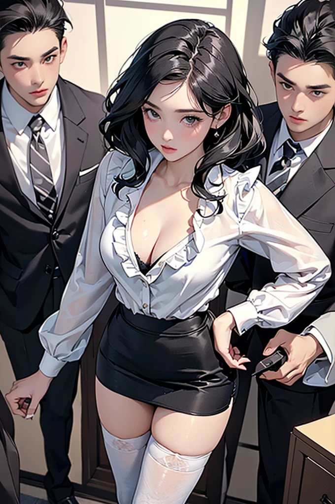 1girl, secretary room, , from above, running, masterpiece, best quality, highly detailed, (multiple boys:1.5), ((secretary outfit, secretary girl)),((pencil skirt,black skirt,cleavage,frilled skirt,micro,skirt frills)),((white shirt,skinny shirt,thighhighs,white thighhighs)), curly hair, black hair, ((full shot:1.3))