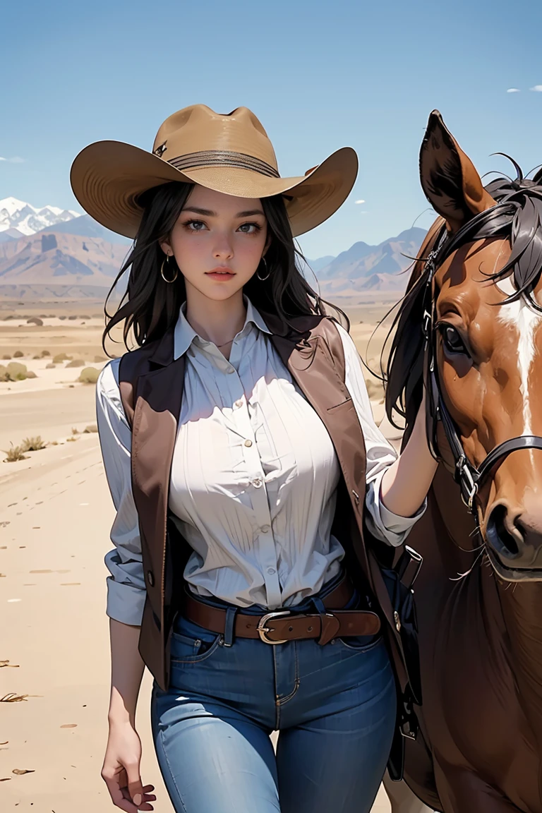 ((Masterpiece, top quality, high resolution, highly detailed CG unified 8K wallpaper)), (huge stunning goddess shot, very hot and sexy, jaw-dropping beauty, perfect proportions, beautiful body, slim body beauty:1.3), Western Cowboy, (cowboys riding horses in a desert area with a mountain in the background:1.3), (western film), western film, western, an epic western, cowboy, old west, django, style of a clint eastwood movie, cowboys, wyatt earp and doc holliday, fox, in the show westworld, spaghetti western, nbc, westworld style, in the old west, oldwest, western setting, wearing a cowboy hat, brown leather vest, denim miniskirt, and leather boots,