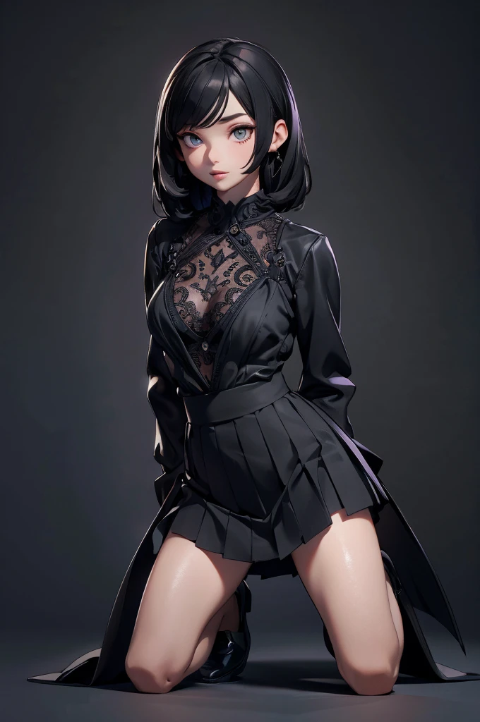 a beautiful young girl kneeling, breasts covered, wearing black clothes, short skirt, detailed facial features, detailed eyes and lips, intricate clothing folds, high quality, photorealistic, cinematic lighting, dramatic shadows, muted color palette