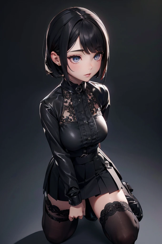 a beautiful young girl kneeling, breasts covered, wearing black clothes, short skirt, detailed facial features, detailed eyes and lips, intricate clothing folds, high quality, photorealistic, cinematic lighting, dramatic shadows, muted color palette