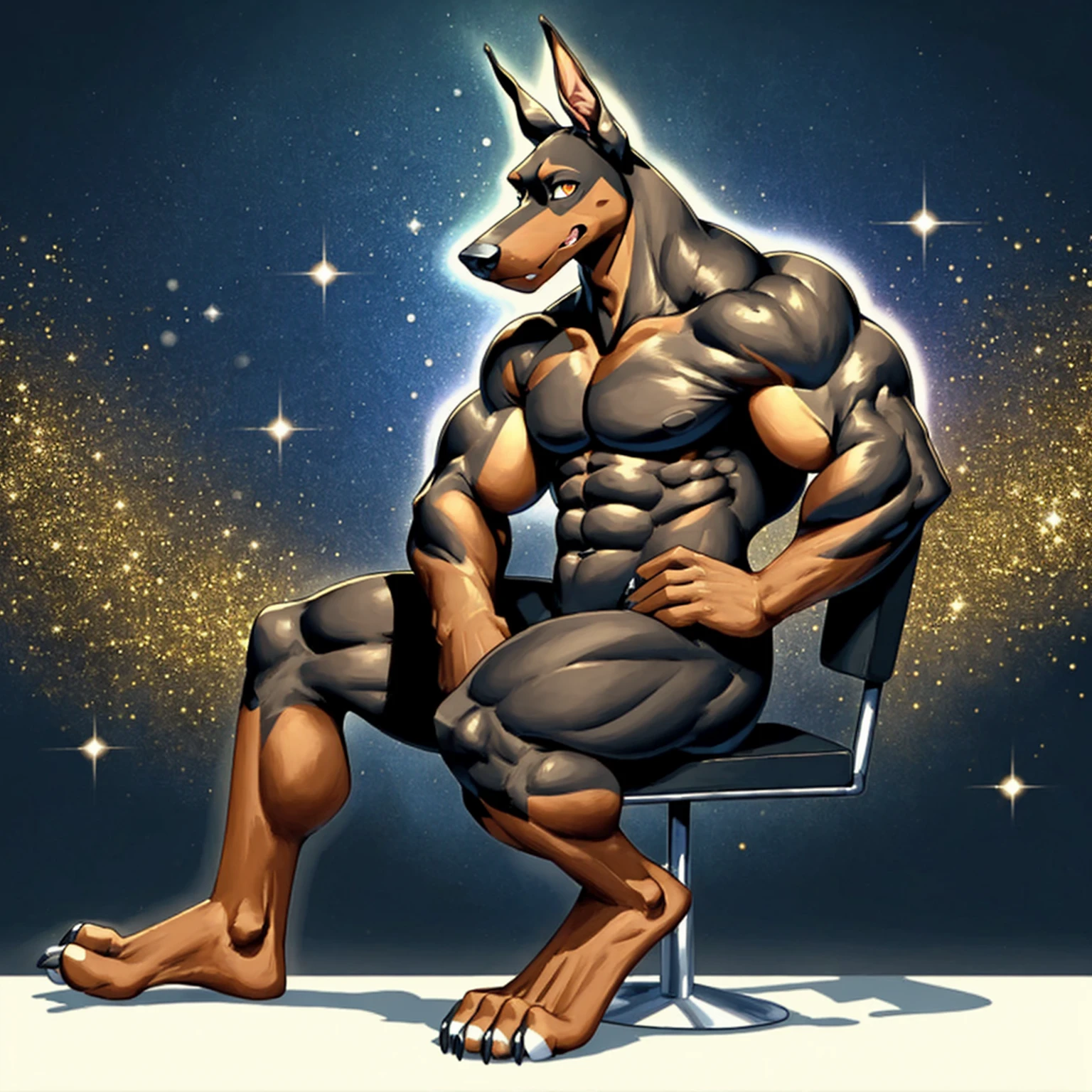 Male Doberman、Hands on hips、pose sitting on a chair、Doberman Colors、Naked Doberman、Doberman pattern、Very beautiful abs、Developed muscles、Golden big eyes、Sharp toenails, Side view、Sparkly effect background、Mysterious effect background、Winking