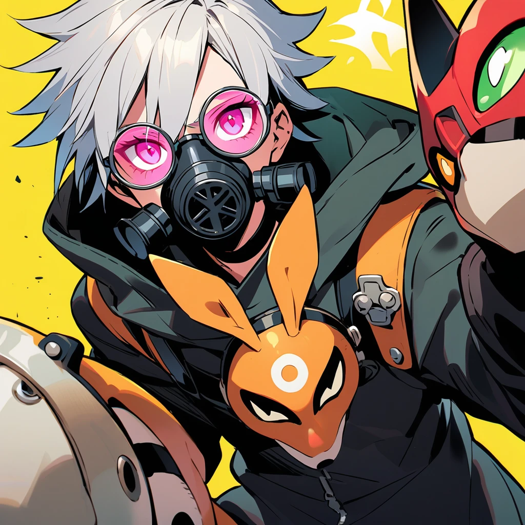 (bem feito: 1) man, shoulder-length white hair with black highlights, pink eyes, circular lens glasses with light green lenses, gaz mask, The gaz mask is predominantly black. There are metal spikes protruding from the front of the mask. The two side filters are highlighted with a bright yellow background and a black biohazard symbol. The straps appear to be adjustable to ensure the mask stays securely on your face, black choker, black hoodie, black gloves, black pants, black boots.