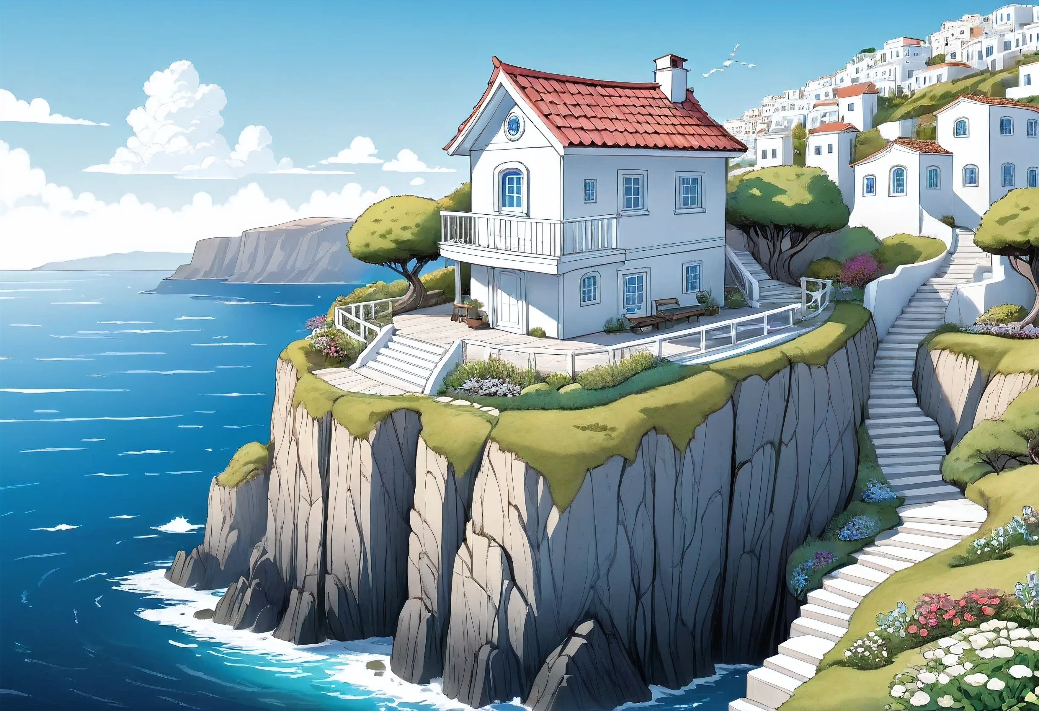 Ilustração de livro de colorir kawaii, desenhado à mão, big garden around, greek tiny house on the cliff by the sea, single house, with sharpen, with High Res, no blur, straight lines, coloring book page, black and white, line art, no shadows, no gray color.