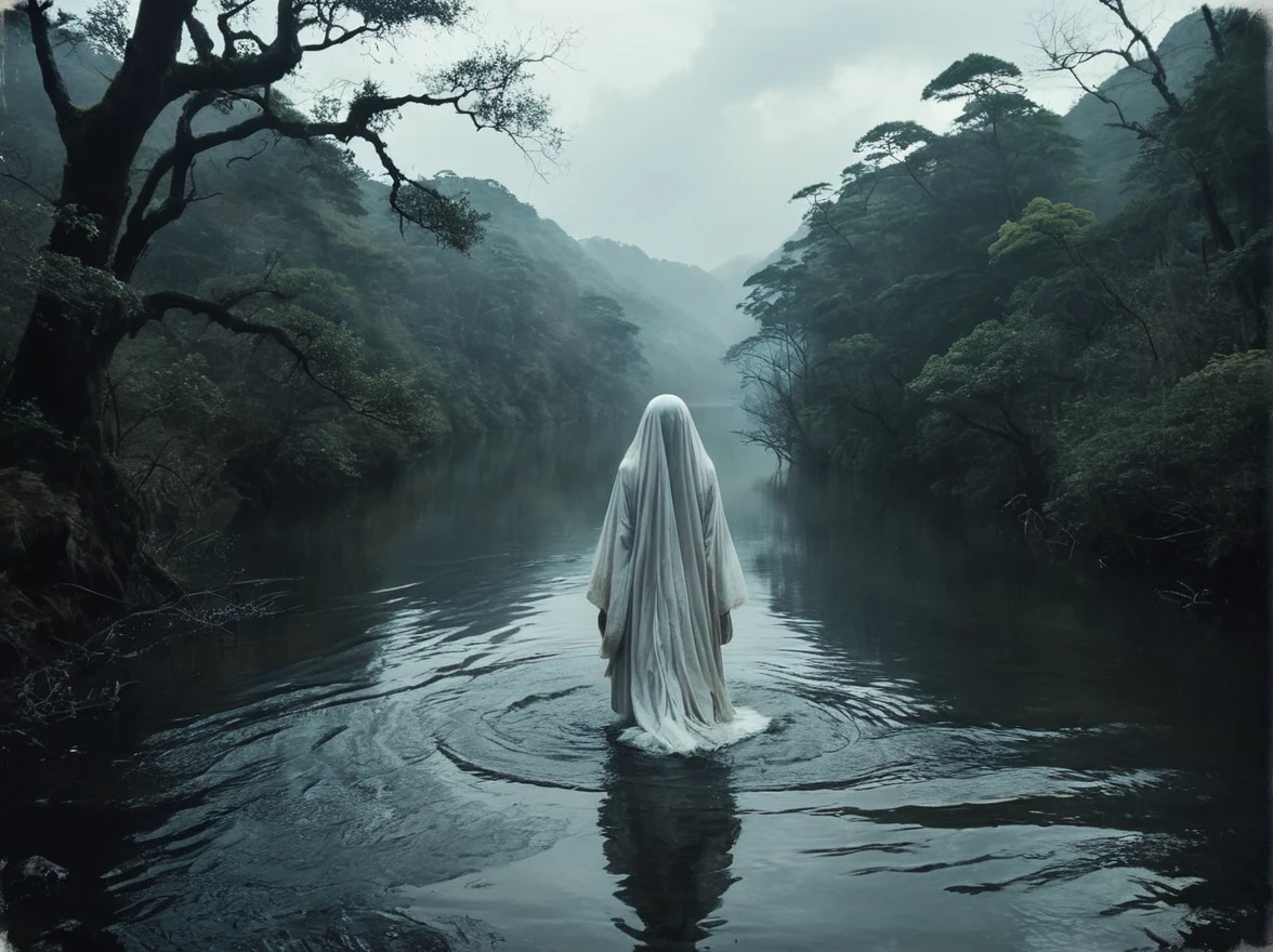 There was no shine, No Shadow, For the Heavens, Too, There was still one, Pale clouds; There was no sound or movement.、Just a dark river flows、He was moaning like a restless sorrow.。. Fantasy Style, Dreamy art, Gothic Horror, Artistic and Abstract, Whimsical, oil, One girl, Transparent Ghost,Sunakakeba-ba-hsien,Japanese Yokai