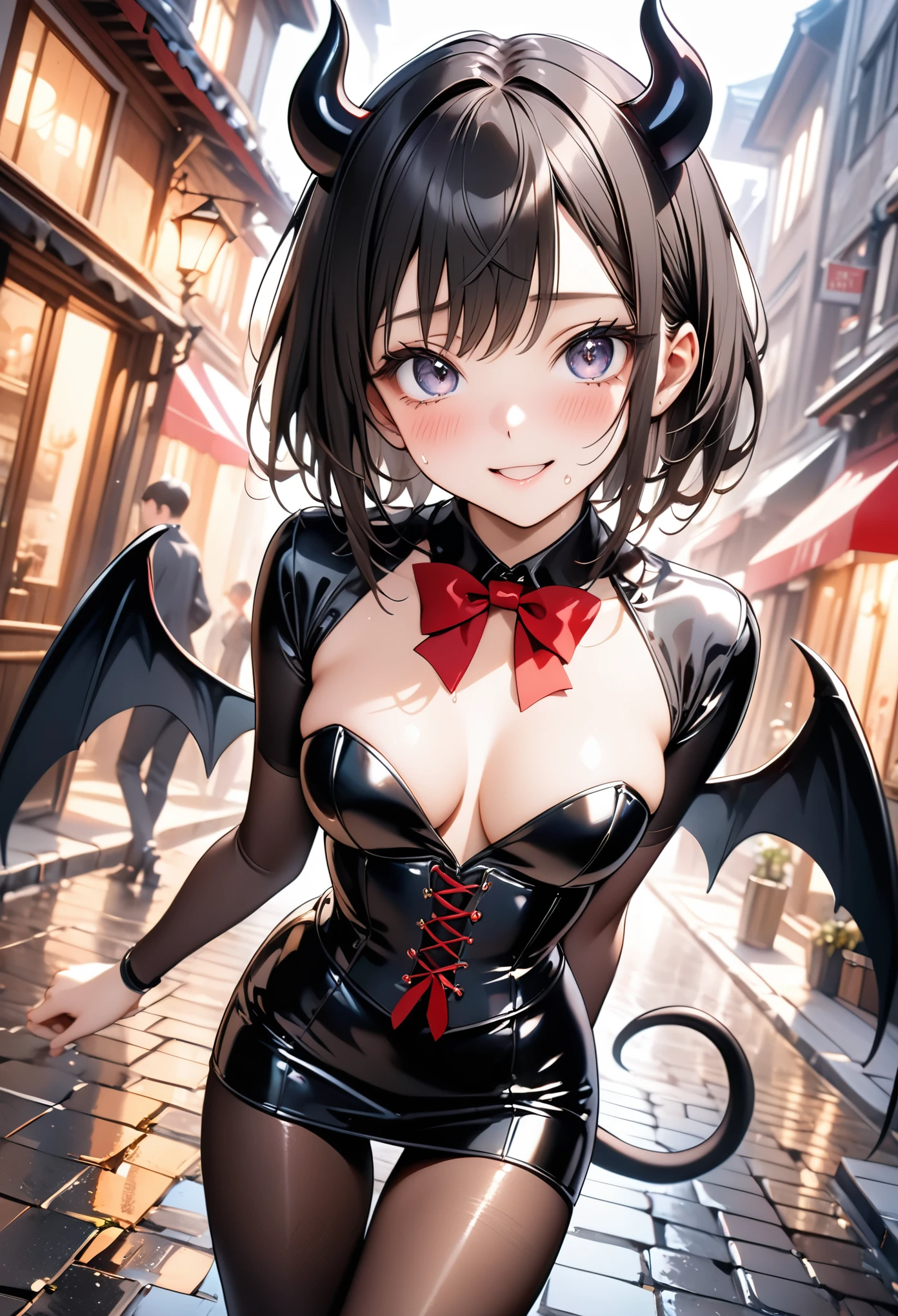 (((little devil costume), (black Devil wings), (black devil tail), (latex skirt), (pantyhose), corset costume)), skinny, solo, 1 woman, Masterpiece, highest quality, highest quality, 16K, incredibly absurd, highly detailed, 2.5D, ai-generated, delicate and dynamic, very delicate facial expressions, delicate eye depiction, erotic, only sexy woman, ((A cute and kind face)), healthy figure, ((25-year-old woman)), 160cm tall, medium firm swaying bust,, blush, Sweat,Embarrassed,sexy, ((thin thighs)), (Erect nipples,:0.5), shiny and lustrous, facing straight at viewer, smile, ((Oily_skin)), ((dutch angle)), ((erotic pose)), Dynamic poses,On the bright cobblestones, (Close-up),