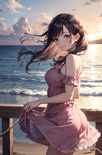 very cute and beautiful girl,(Very exquisite beautiful face and eyes),Pink camisole,Cute frilled petticoat,
(smile),Happy,View your viewers,Black Hair,Cowboy Shot,Leg details,Beach,Tropical Resort,
(Highest quality,masterpiece),Absurd,High resolution,Very detailed,Very detailed,32K,8k resolution,
Intricate details,Movie Scenes,Detailed Background,alone,Dynamic Angle,
Natural light,Hair blowing in the wind,Beautifully detailed skies,Large Breasts、Black Hairロングヘアー