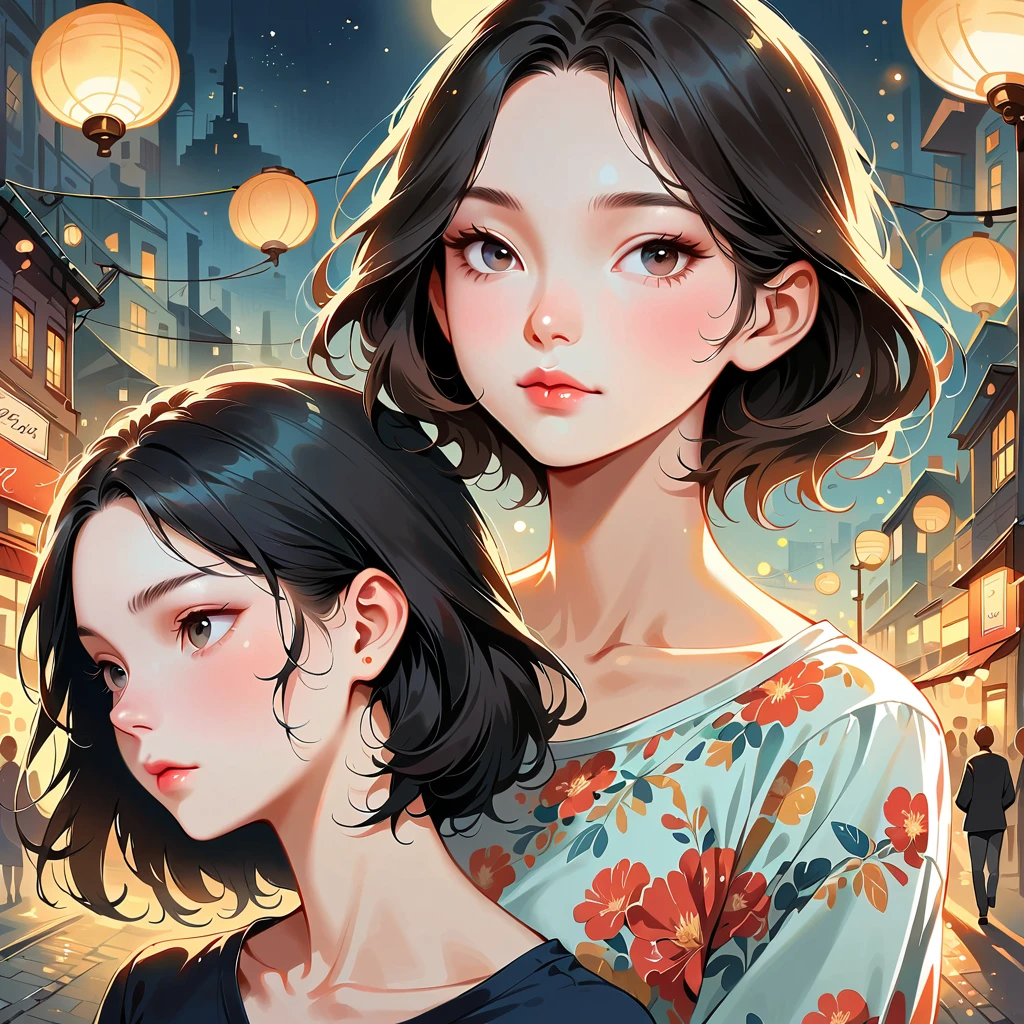 (Half-length photo,Street Lights,moon),masterpiece, 1 Girl, Solo exhibitions, Beautiful woman on the busy street, Surrounded by vendors, Beautiful goddess girl portrait, Beautiful and delicate face, Porcelain skin, (((Half-length photo, center, night, Black Hair, short hair)), Super soft light, symmetry, complex, grace, High Detail, realism, Art, concept Art,