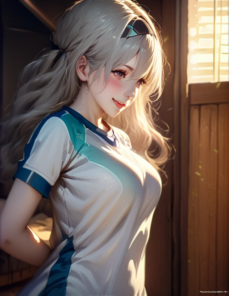 score_9, score_8_up, score_7_up, indoor, in the bedroom, (anime art of best quality),((realistic:1.3)), (detailed skin:1.3),
source_anime, 1girl, solo, alone
, fireflydef, , dress, grey hair, beautiful face,smiling,close up to hips, beautiful breast, warming up for jogging on field, illustration,detailed textures(realists),ultra-detailed,portrait style,vivid colors,soft lighting, blushing, mature, hair fluttering, evening light , head band, ((half body)), wearing simple workout shirts without bra, perky. ((side profile until hips)), very shy
