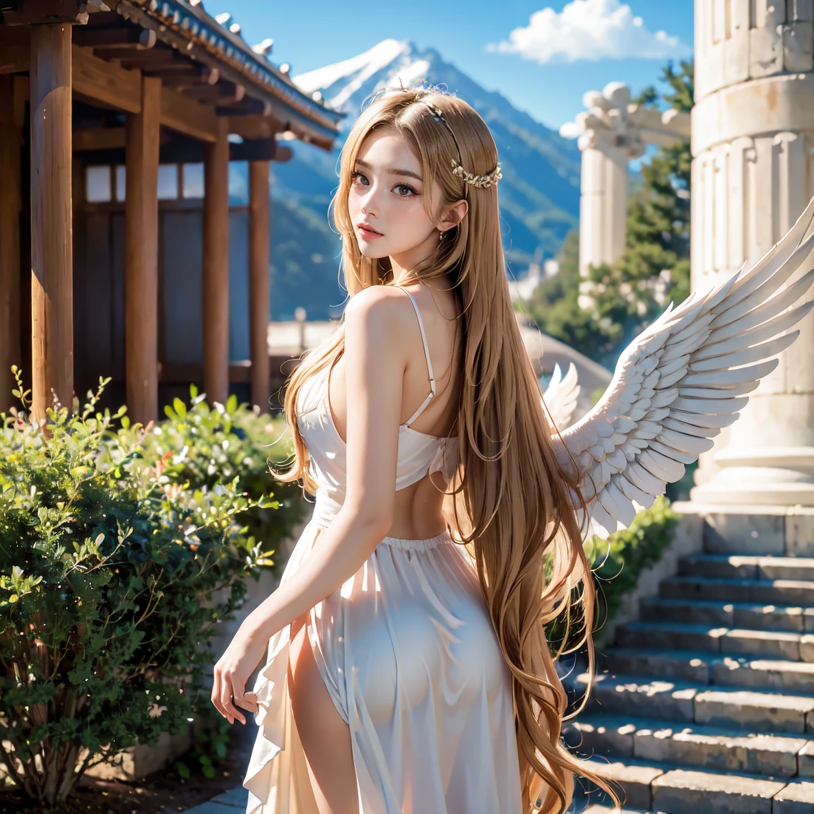 ((masterpiece, top quality, high res, perfect pixels, 8k)), western temple background, one girl, Japanese, idol, cowboy shot, ((spread arms)), ((very long hair, blonde)), huge angel wings on her back, pure white Greek mythology clothes, singing singing, ((brown eyes, beautiful eyelashes, realistic eyes)), ((detailed face, blush: 1.2)), ((smooth texture: 0.75, realistic texture: 0.65, dynamic angles, perfect body, looking back