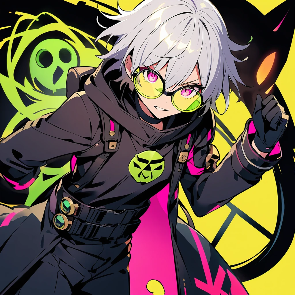 (bem feito: 1) man, shoulder-length white hair with black highlights, pink eyes, circular lens glasses with light green lenses, gaz mask, The gaz mask is predominantly black. There are metal spikes protruding from the front of the mask. The two side filters are highlighted with a bright yellow background and a black biohazard symbol. The straps appear to be adjustable to ensure the mask stays securely on your face, black choker, black hoodie, black gloves, black pants, black boots.