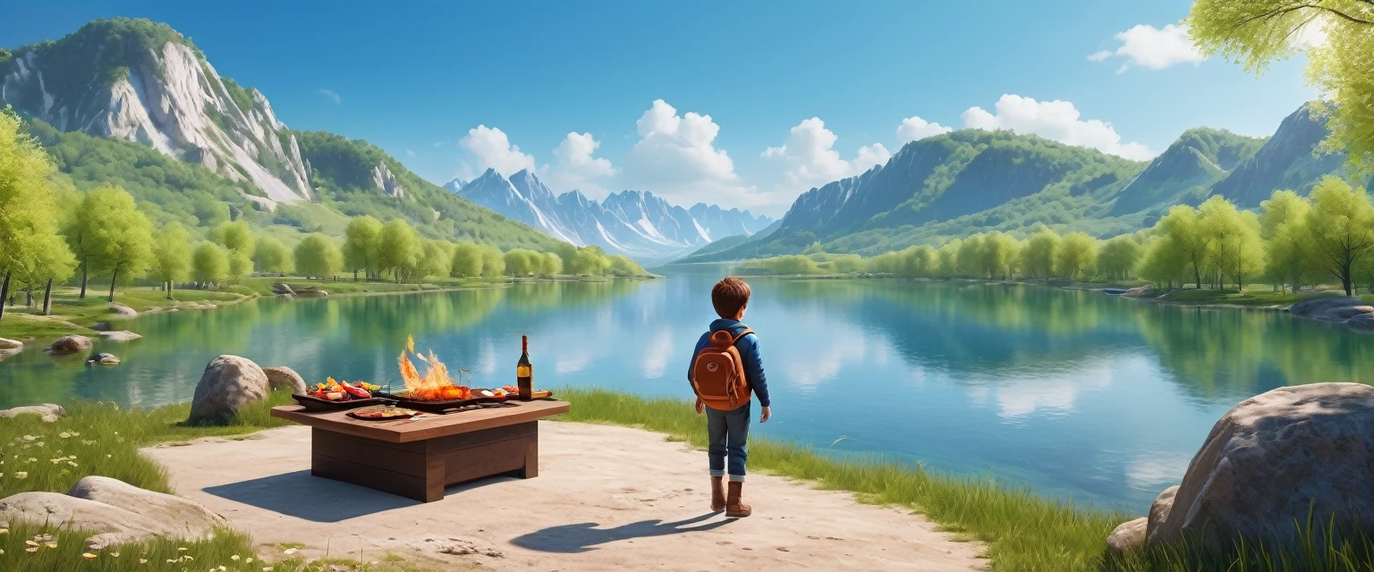 (1 boy:1.3)，journey，real picture，Палаaccurate лагерь，Spring Walk，lake，Natural scenes，barbecue，Blue sky natural background，clay materials，clean background，Horizontal design，3d，C4D，Blender，natural light，Light group photo，Very high detail with edge lighting.，complex parts，8 K, uhd, masterpiece, accurate, Anatomically correct, textured leather, award-winning